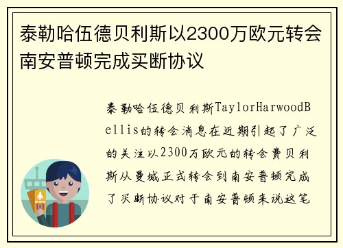 泰勒哈伍德贝利斯以2300万欧元转会南安普顿完成买断协议 泰勒哈伍德贝利斯以2300万欧元转会南安普顿完成买断协议
