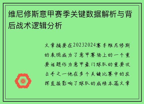 维尼修斯意甲赛季关键数据解析与背后战术逻辑分析